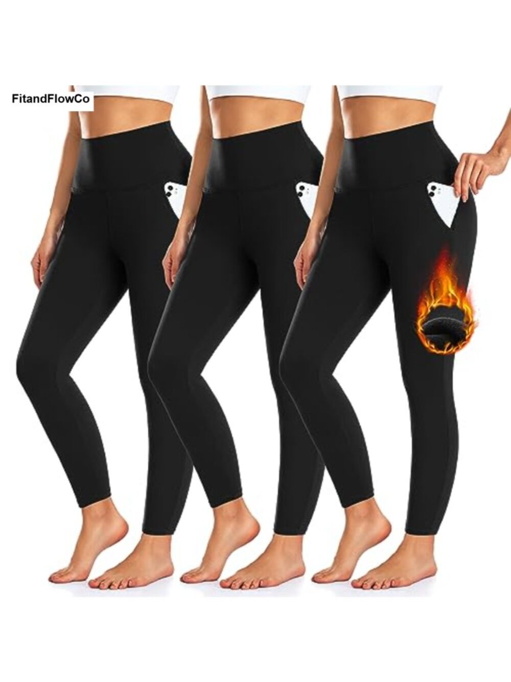 Fleece Lined Winter Leggings with Pockets High Waist Tummy Control 3 Pack